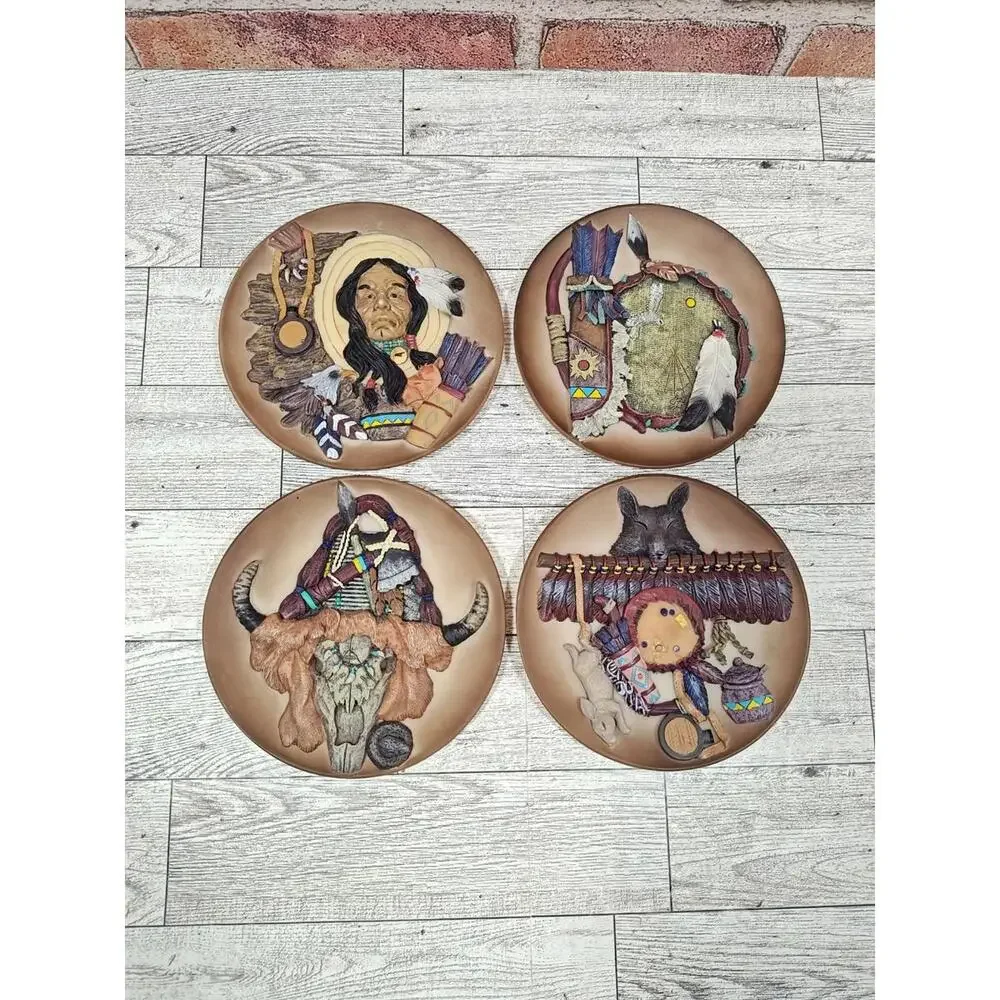 Embossed Cultural 3D Design Clay Plates Native American Indian Pottery Set of 4